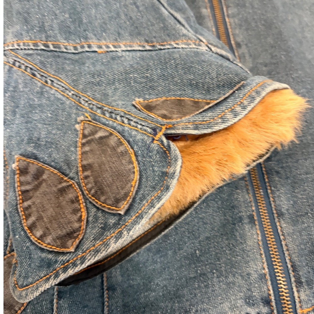 Faded Glory Blue Denim Coat with tan Faux Fur Trim and Boho Floral Embroidery - Picture 8 of 13